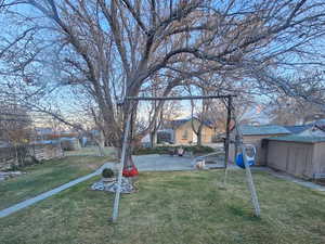 View of yard with a patio and a storage unit