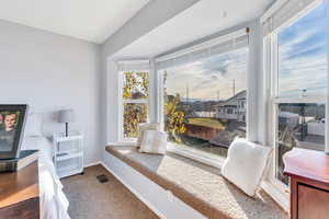 Living area featuring carpet floors and plenty of natural light