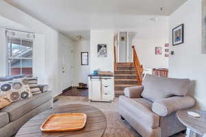 Living room with carpet floors