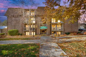 View of outdoor building at dusk