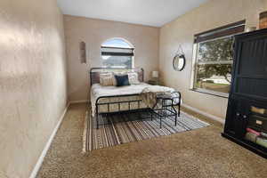 Carpeted bedroom featuring multiple windows