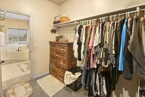 Walk in closet with carpet floors