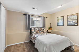 Carpeted bedroom with a closet