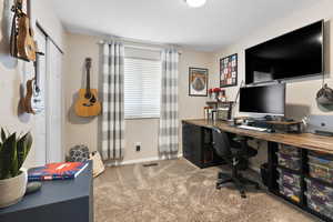 Carpeted office space with a textured ceiling