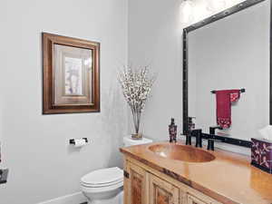 Hall Bathroom featuring copper vanity and toilet