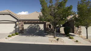 View of property hidden behind natural elements with a garage