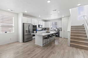 Kitchen with a center island, stainless steel appliances, light hardwood / wood-style flooring, a breakfast bar area, and white cabinets