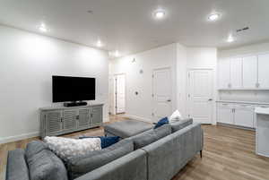 Living room featuring light wood-type flooring and a textured ceiling