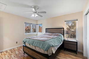 Bedroom with ceiling fan, a closet, and hardwood / wood-style flooring