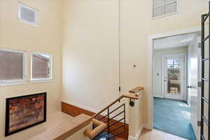 Stairway featuring wood-type flooring and ladder to loft.