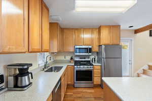 Kitchen with sink, light wood-type flooring, and stainless steel appliances