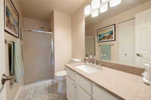 Bathroom with vanity, toilet, and walk in shower