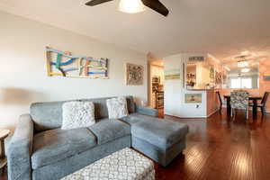 Living room with ceiling fan and dark hardwood / wood-style flooring