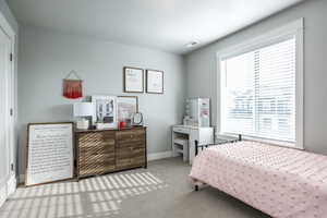 Bedroom with light carpet and multiple windows