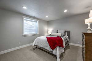 Carpeted bedroom with a textured ceiling