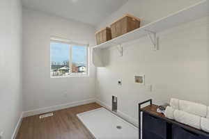 Clothes washing area with hardwood / wood-style flooring, electric dryer hookup, and hookup for a washing machine