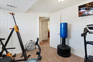 Exercise area featuring light carpet and a textured ceiling