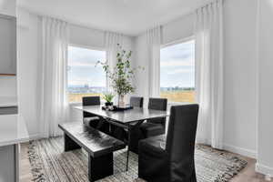 Dining space with light wood-type flooring and a healthy amount of sunlight