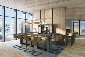 Bar with light brown cabinets, a wall of windows, wood ceiling, and light hardwood / wood-style flooring