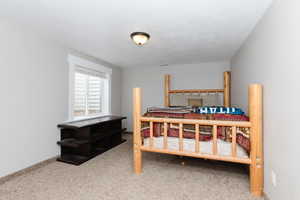 Carpeted bedroom with a textured ceiling