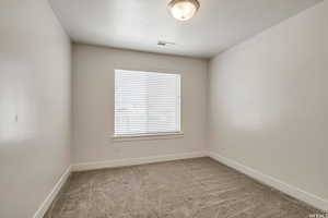 Unfurnished room featuring carpet floors and a textured ceiling