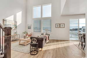 Living room featuring a wealth of natural light, a towering ceiling, and light wood-type flooring