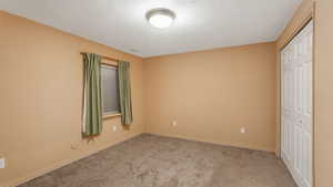 Unfurnished bedroom featuring light colored carpet, a textured ceiling, and a closet