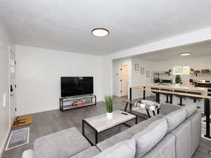 Living room featuring dark LVP wood-style floors and a textured ceiling