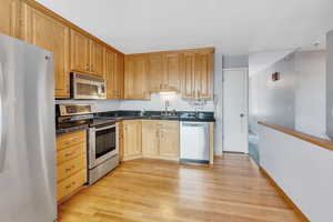 Kitchen with stainless steel appliances, light hardwood / wood-style floors, and sink