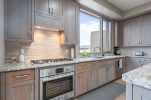 Kitchen with light stone countertops, sink, tasteful backsplash, ventilation hood, and appliances with stainless steel finishes