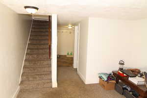 Stairway with carpet and a textured ceiling