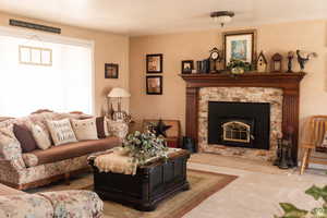 Living room featuring light colored carpet