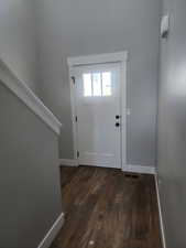 Entrance foyer with dark hardwood / wood-style floors