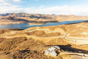 Aerial view with a water and mountain view