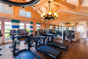 Exercise room featuring wooden walls, wood-type flooring, high vaulted ceiling, and a chandelier