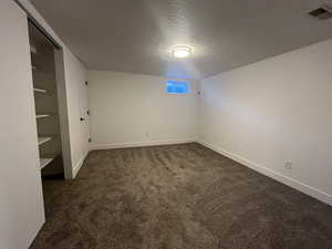 Carpeted spare room with a textured ceiling