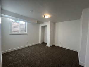 Basement featuring dark colored carpet and a textured ceiling