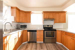 Kitchen with backsplash, dark hardwood / wood-style floors, sink, and appliances with stainless steel finishes