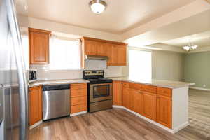 Kitchen with an inviting chandelier, kitchen peninsula, appliances with stainless steel finishes, tasteful backsplash, and wood-type flooring