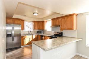 Kitchen with sink, light wood-type flooring, appliances with stainless steel finishes, tasteful backsplash, and kitchen peninsula