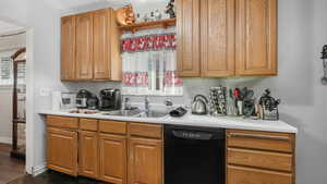 Kitchen with sink, black dishwasher, and dark wood-type flooring