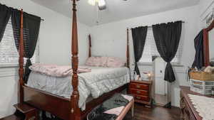 Bedroom featuring ceiling fan and dark hardwood / wood-style flooring