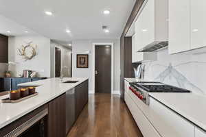 Kitchen with dark hardwood / wood-style flooring, white cabinetry, sink, and stainless steel appliances