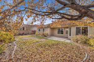 Rear view of property featuring a lawn and a patio area