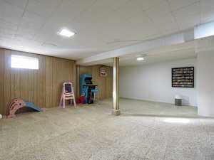 Playroom featuring carpet flooring and wood walls