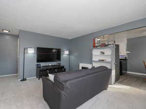 Carpeted living room with a textured ceiling