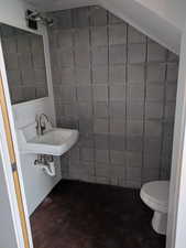 Bathroom featuring concrete floors, toilet, sink, and vaulted ceiling