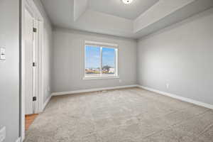 Spare room featuring light carpet and a tray ceiling