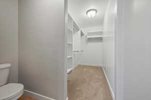 Walk in closet featuring light carpet