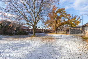 View of snowy yard with mature trees